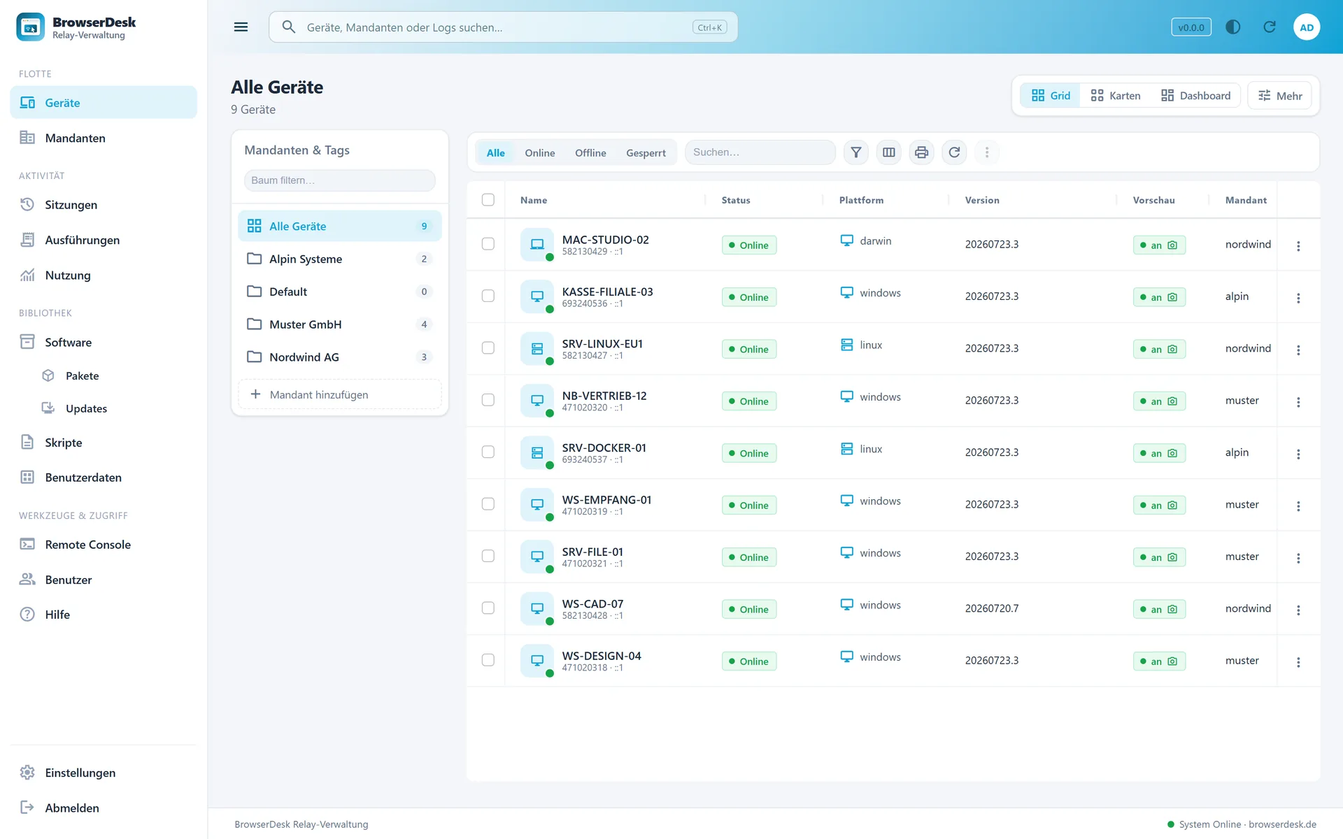Geräteliste in der Konsole mit Status, Plattform und Version