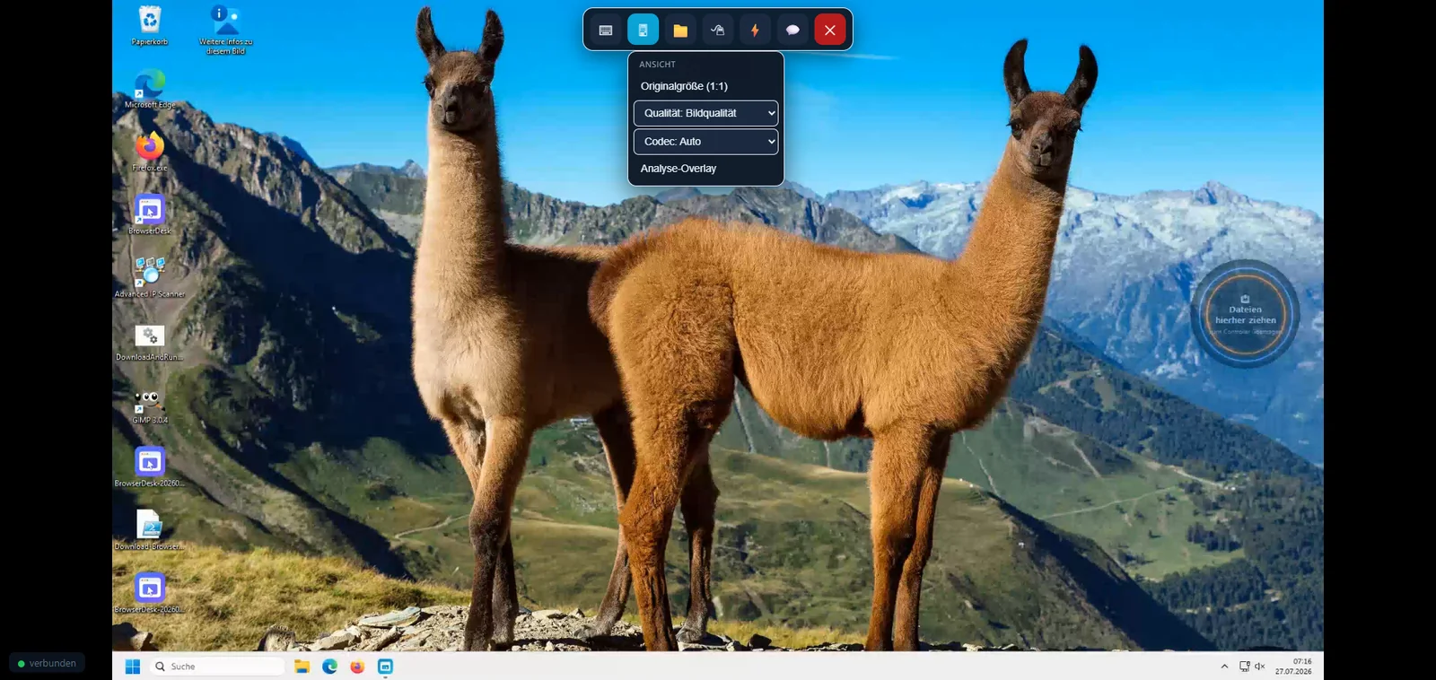 BrowserDesk-Web-Client: entfernter Windows-Desktop im Browserfenster mit schwebender Werkzeugleiste und geöffnetem Ansicht-Menü